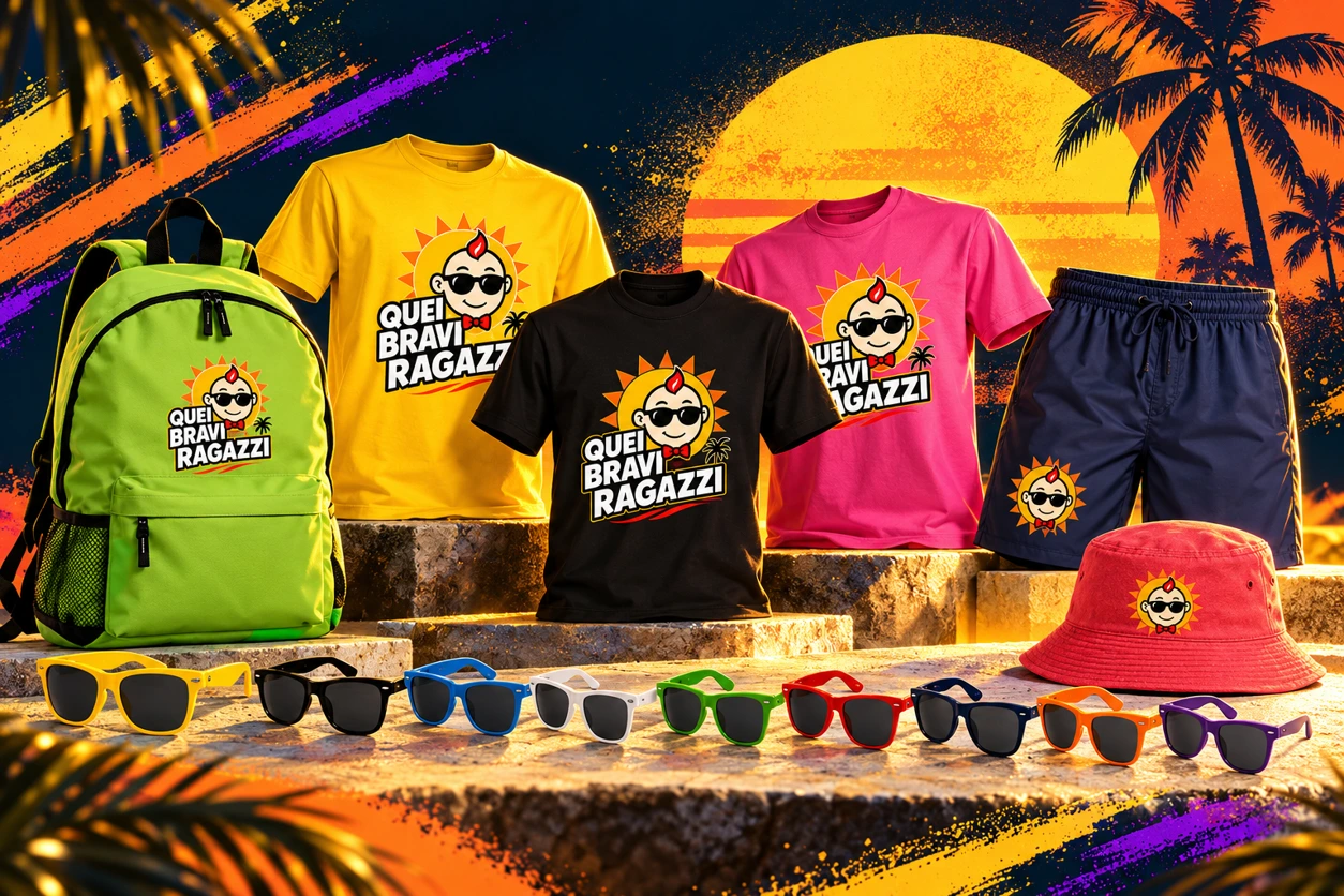 La linea merchandising QBR: maglie, zaino, pantaloncini, cappello e occhiali